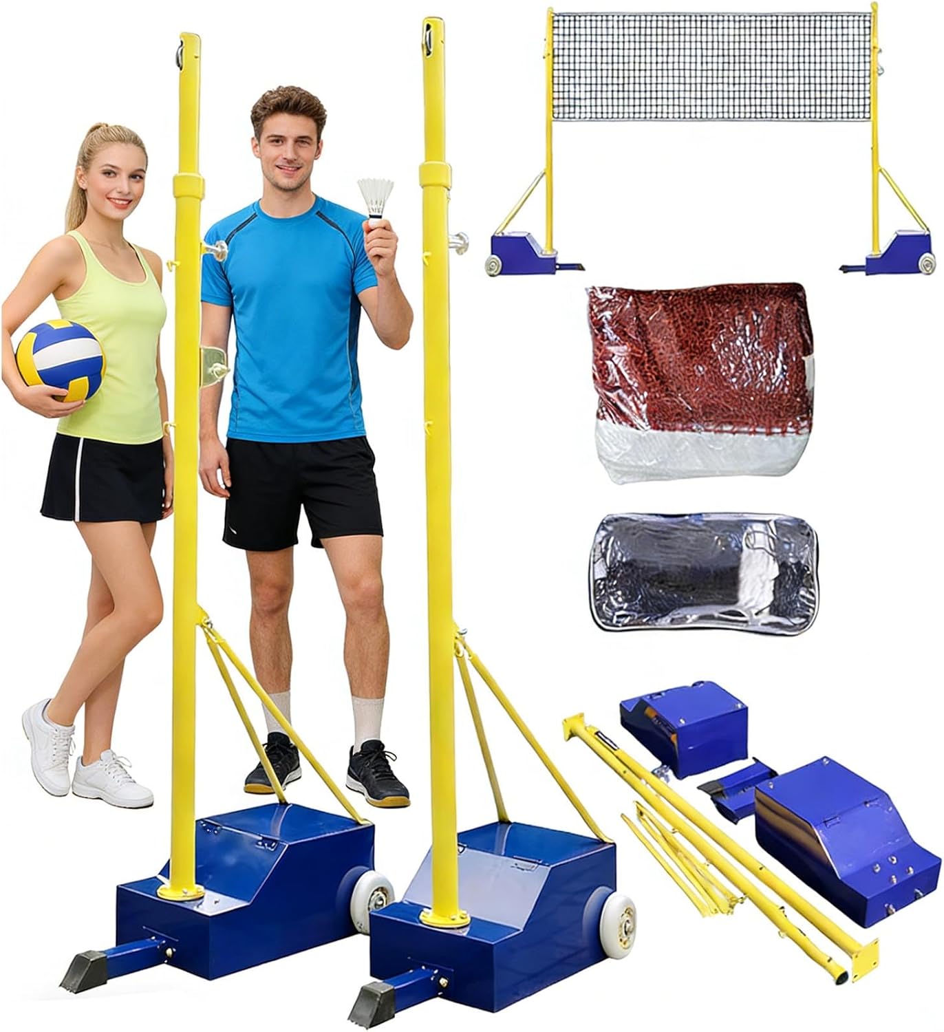 Volleyball Poles for Backyard,Badminton Net Frame Poles,Indoor& Outdoor Heavy Duty Volleyball Poles, Adjustable 4 Heights of 5ft-6.9ft w/Wheels&Net,for Adults Kids Stadium