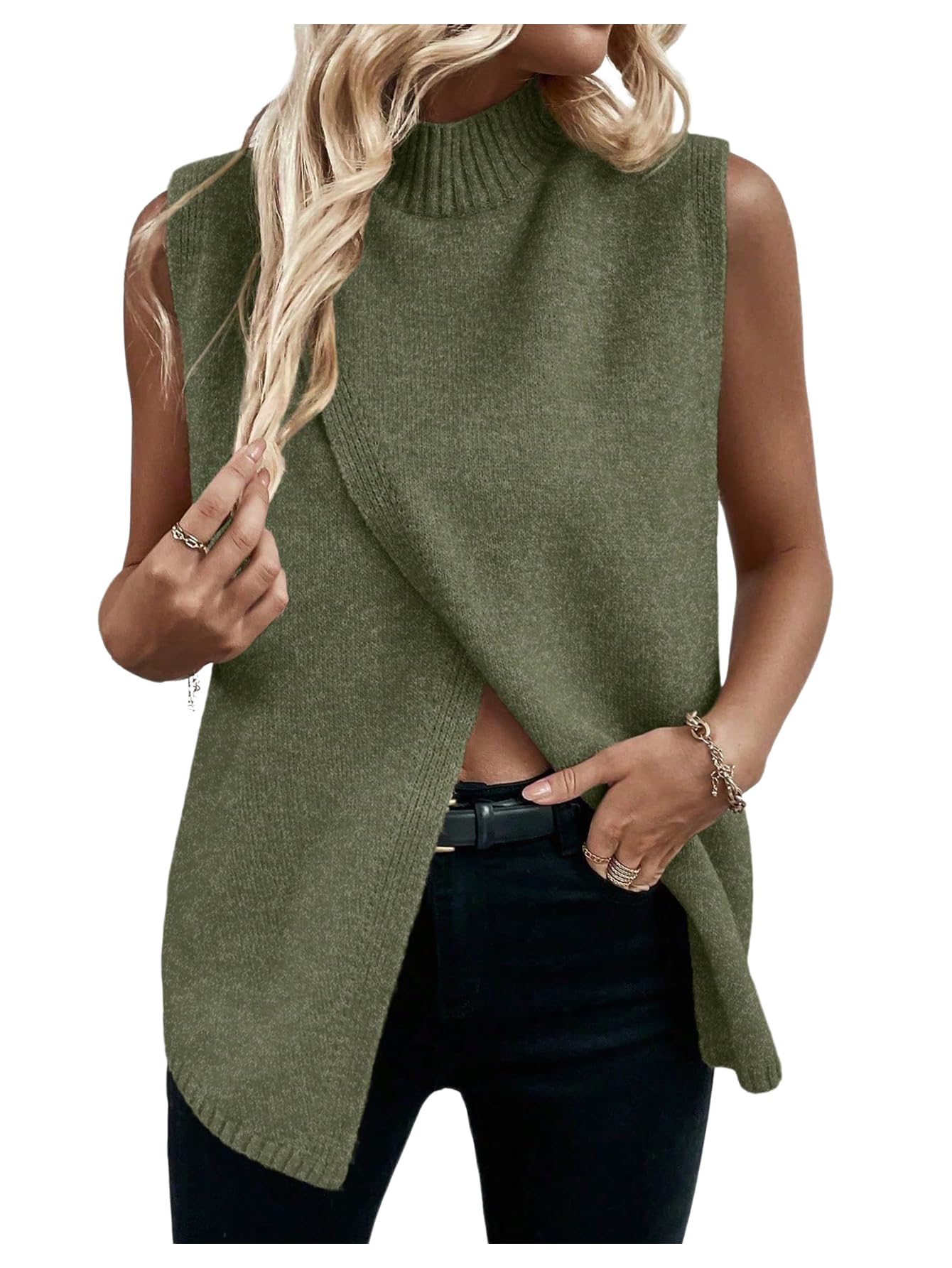 Verdusa Womens Fall Outfits Sweater Vest Mock Neck Sleeveless Knit Tops Pullovers Holiday Sweaters Quiet Luxury Clothes