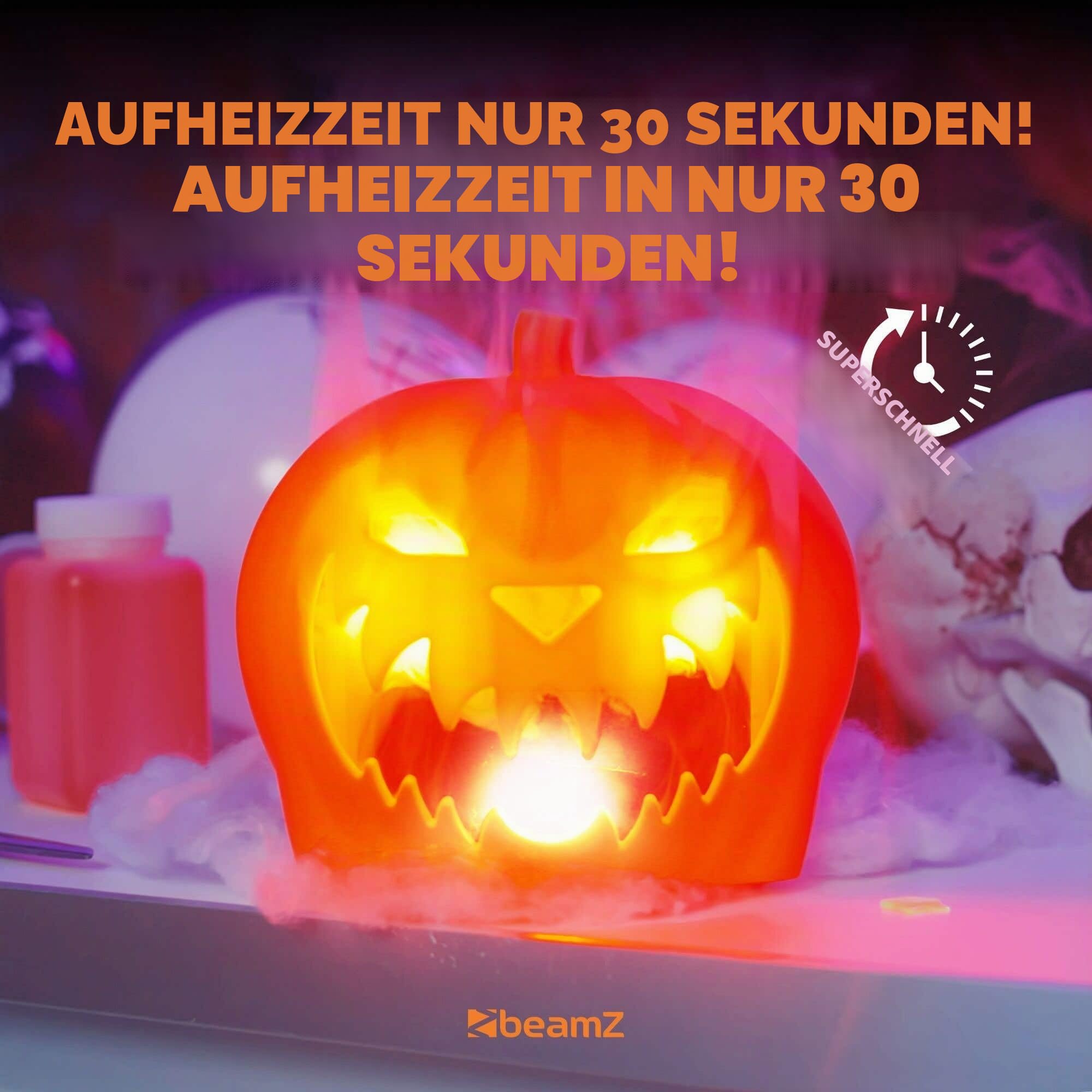 BeamZ S553L Nebelmaschine Halloween Deko mit LED Kürbis Kopf, 550 Watt Rauchmaschine mit Erdbeer Fluid und Reinigungsflüssigkeit, 2-in-1 mit Halloween Kürbis Deko 16 Farben, Soundeffekt