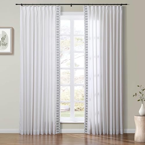Drapifytex Cortina de lino con textura blanca nieve extra larga de 120 pulgadas de ancho, 56 pulgadas de ancho, cortinas plisadas bordadas a cuadros
