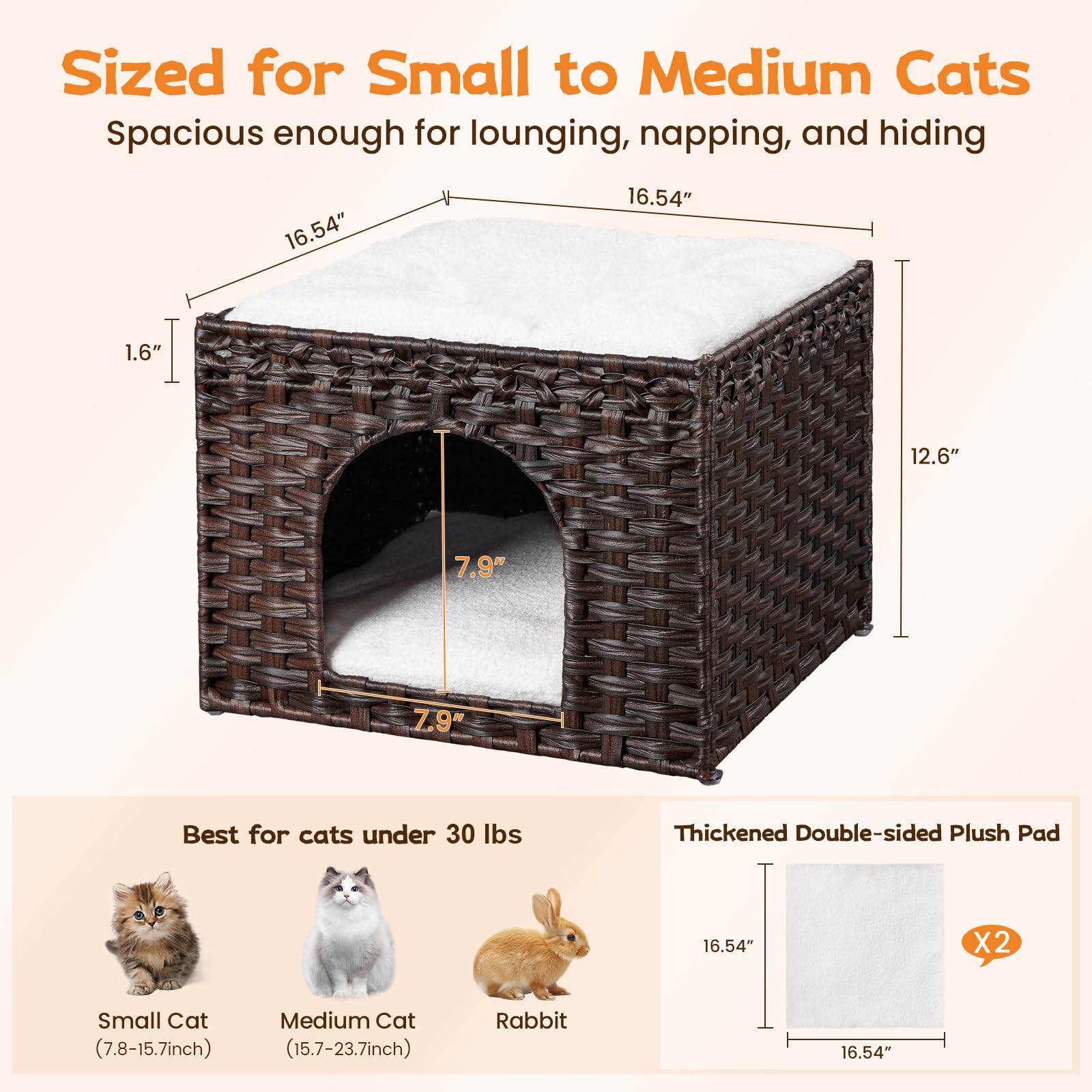 Snughome Handgewebtes Rattan-Katzenbett - Indoor Faltbare Katzenhöhle mit 2 abnehmbaren Bettmatten Großes Kätzchenhaus Versteck Haustierwürfel 16,54 x 16,54 x 12,6 Zoll Braun für Wohnzimmer