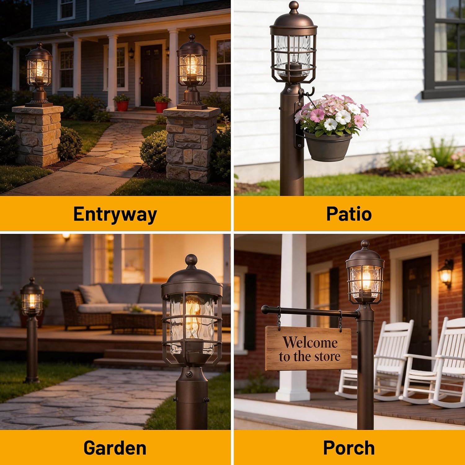 Outdoor Post Lights Dusk to Dawn Lamp Post Light Fixture with Water Ripple Glass Industrial Lantern Cage, Outdoor Pole Lights Pillar Light Posts for Outside Yard Garden, Set of 2