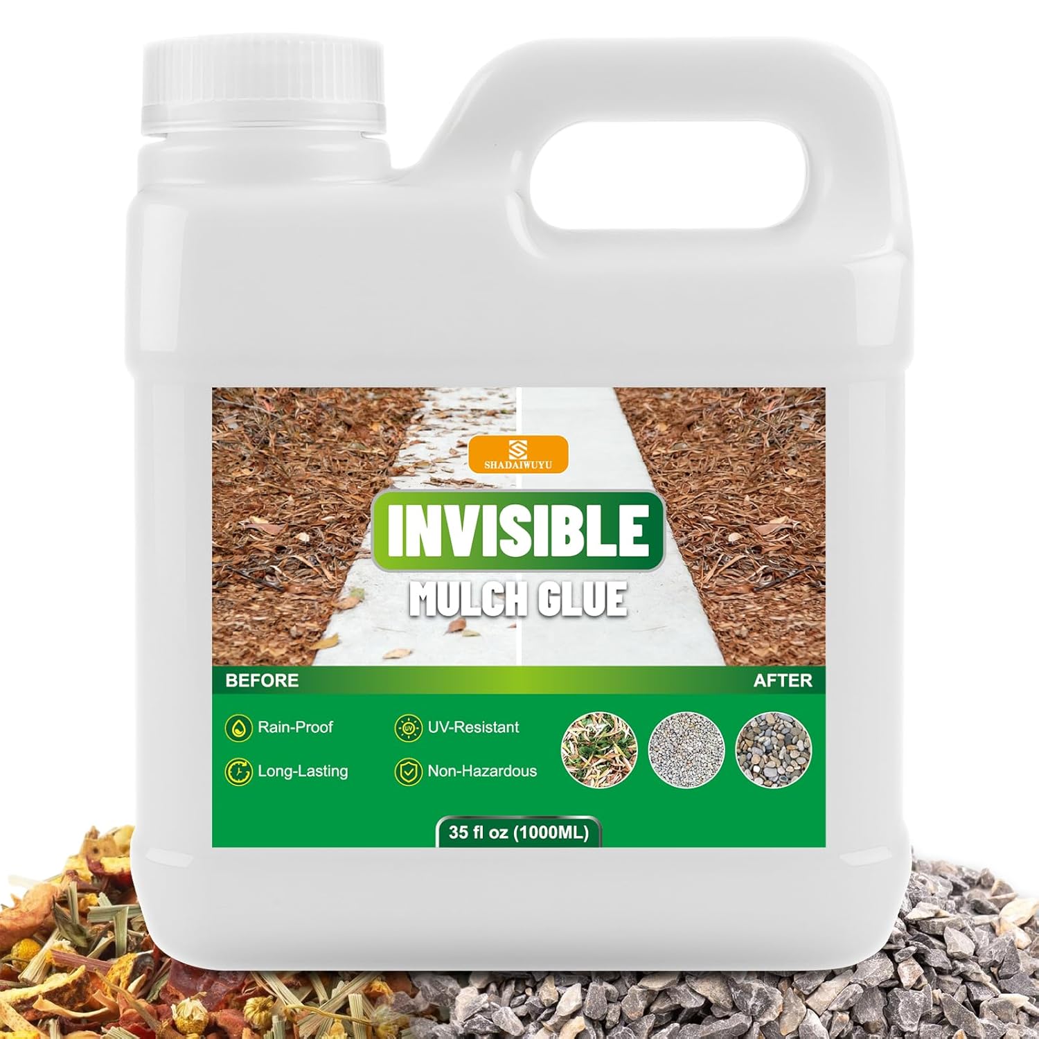 1.06gal Mulch Glue for Landscaping,Invisible Gravel Binder-Waterproof & UV Resistant,Non Toxic Pea Gravel Glue for Landscaping,Fast-Dry Strong Rock Glue for Pebble,Pine Straw,Paths, Patios & Garden