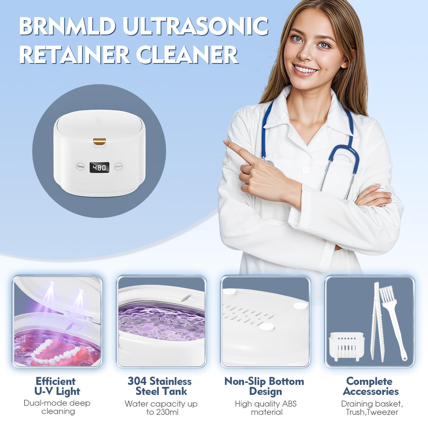 Ultrasonic Retainer Cleaner, 45kHz Sonic Retainer Cleaner Machine Dental Cleaning Pod for Dentures, Mouth Guards, Braces, Toothbrush Heads, Jewelry, 5 Modes for All Dental Appliances (White) - Image 3