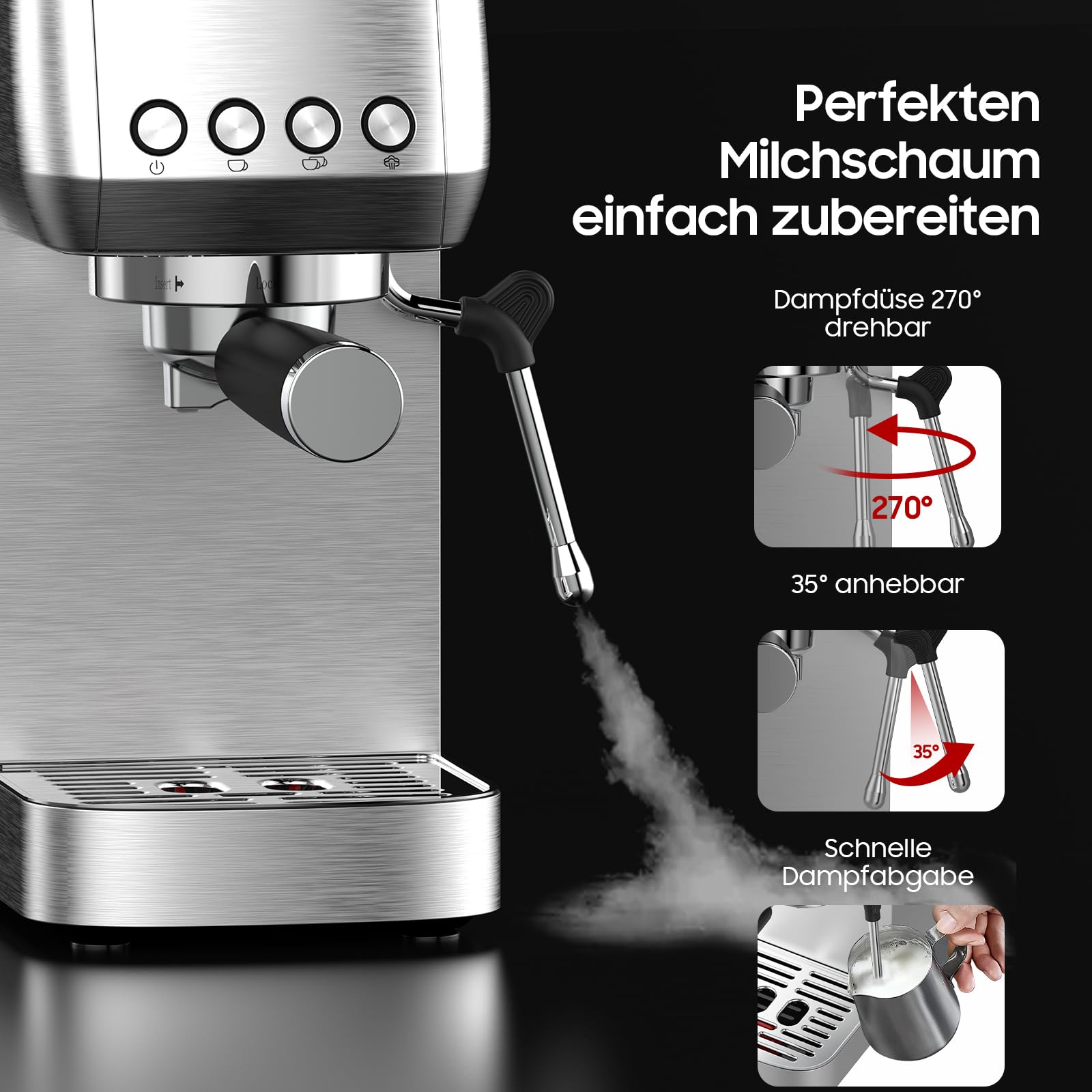 Ekspres do espresso, sitko, 20 barów, ze spieniaczem do mleka, filtr portowy 51 mm, szybkie nagrzewanie, konstrukcja ze stali nierdzewnej, zbiornik na wodę 1,3 l, podgrzewacz do filiżanek, filtr 2 w 1