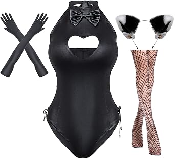 Yuriko Womens Bunny Costume Girl Suit Button Crotch Romper Onesie Bodysuit Cosplay Costume Furry Cat Ear Gloves Socks set
