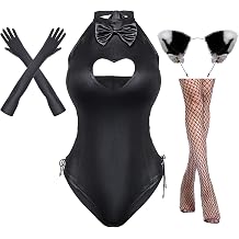Yuriko Womens Bunny Costume Girl Suit Button Crotch Romper Onesie Bodysuit Cosplay Costume Furry Cat Ear Gloves Socks set