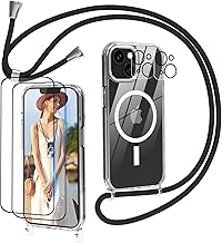 Nupcknn Magnétique Coque avec Cordon pour iPhone 14 avec Magsafe,2 Verre Trempé et 2 Caméra Protecteur,Transparent Coque Collier Réglable Téléphone Étui Portable Lanyard Case Protection Complète Cover