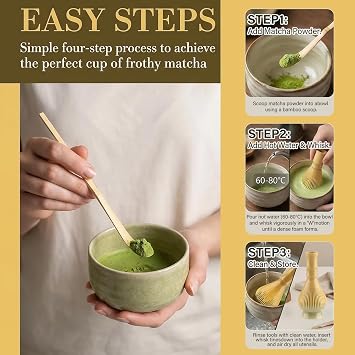 4 Piece Matcha Japanese Ceremony Set, Resin Matcha Whisk, Bamboo Spoon, Bamboo Scoop, Whisk Stand, Perfect Set for Preparing, Yellow - Matcha Green