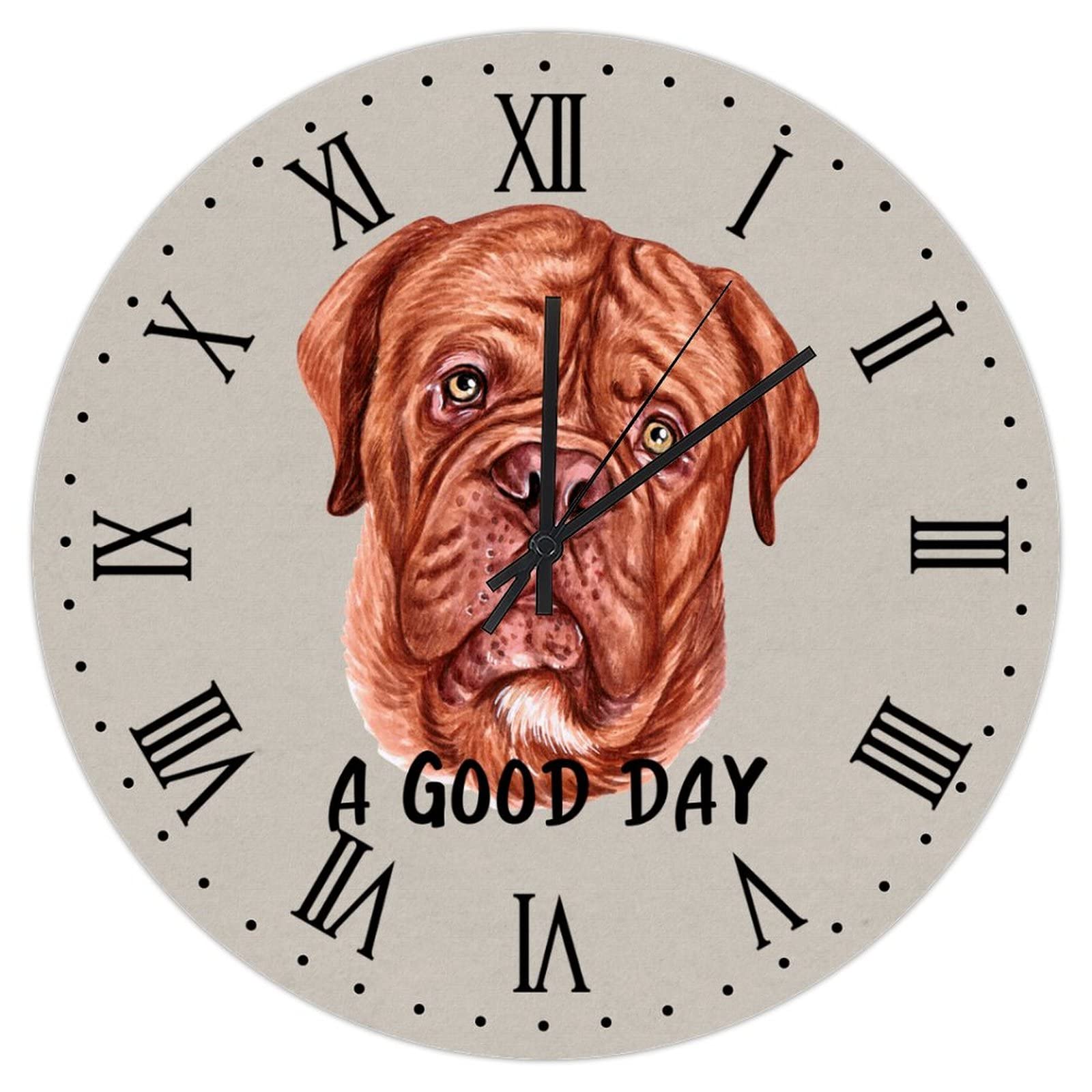 Horloge chien Bordeaux silencieuse en bois grand format 38,1 cm