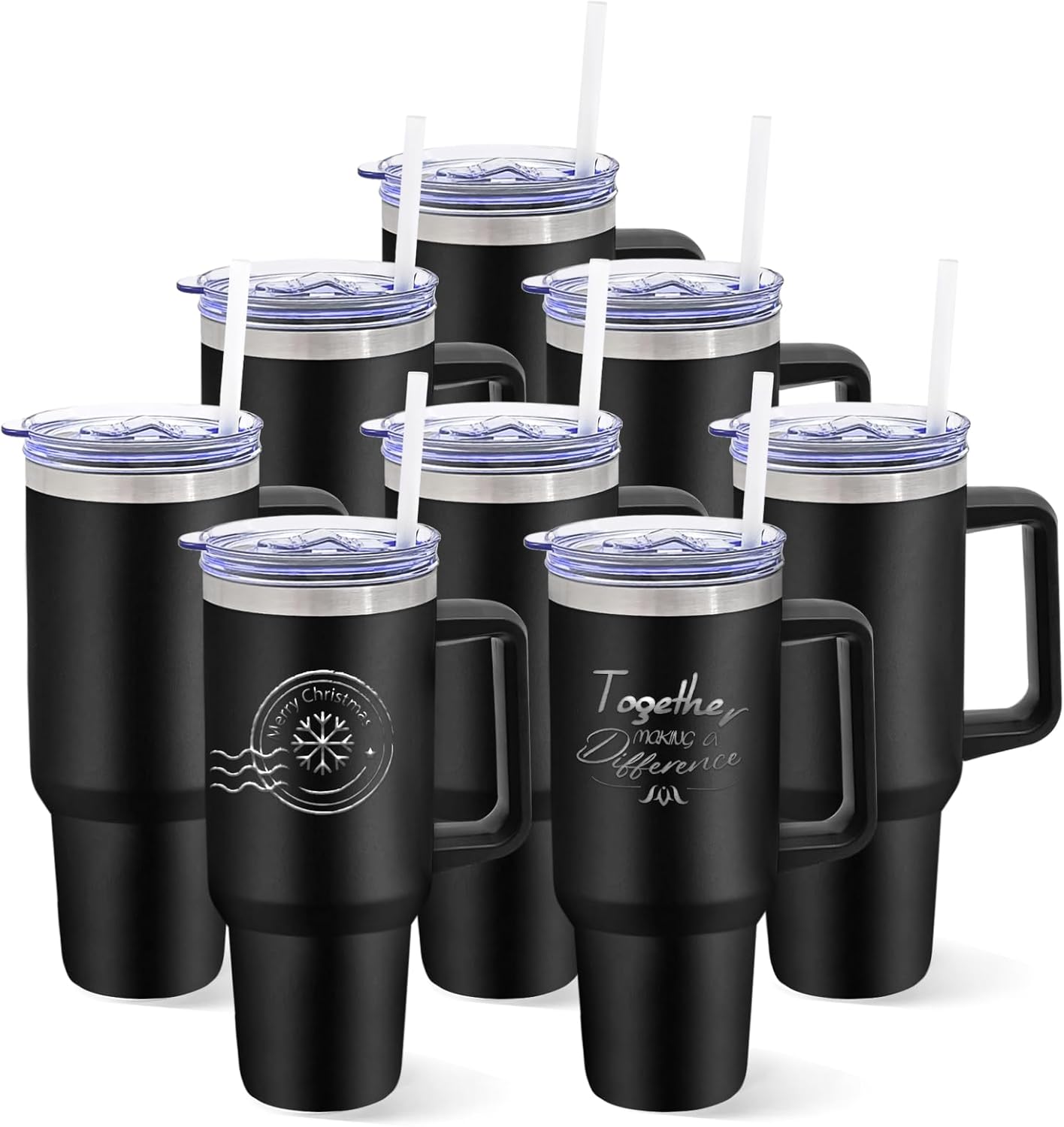 8 Pack Stainless Steel Tumblers with Handle Bulk Double Wall Powder Coated Insulated Tumbler with Lid and Straw for Laser Engrave, DIY Gift, 40oz Black