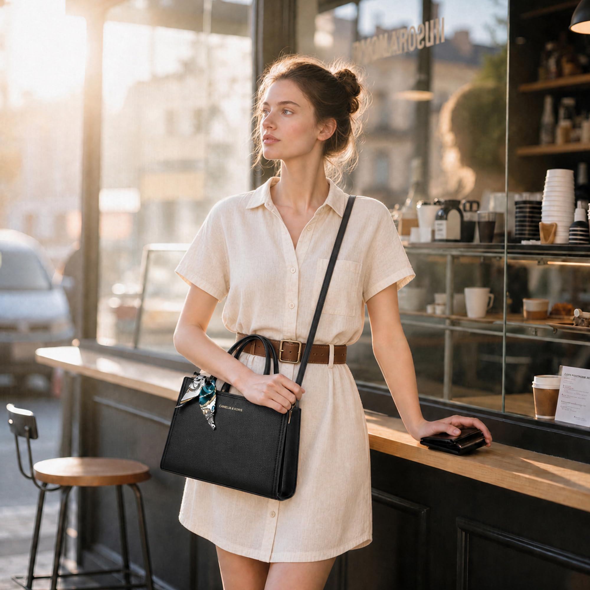 Damen Handtasche Elegant, Henkeltasche Mittelgroß PU Leder Taschen für Damen, Umhängetasche mit Dekorativem Band für Arbeit und Alltag Schwarz