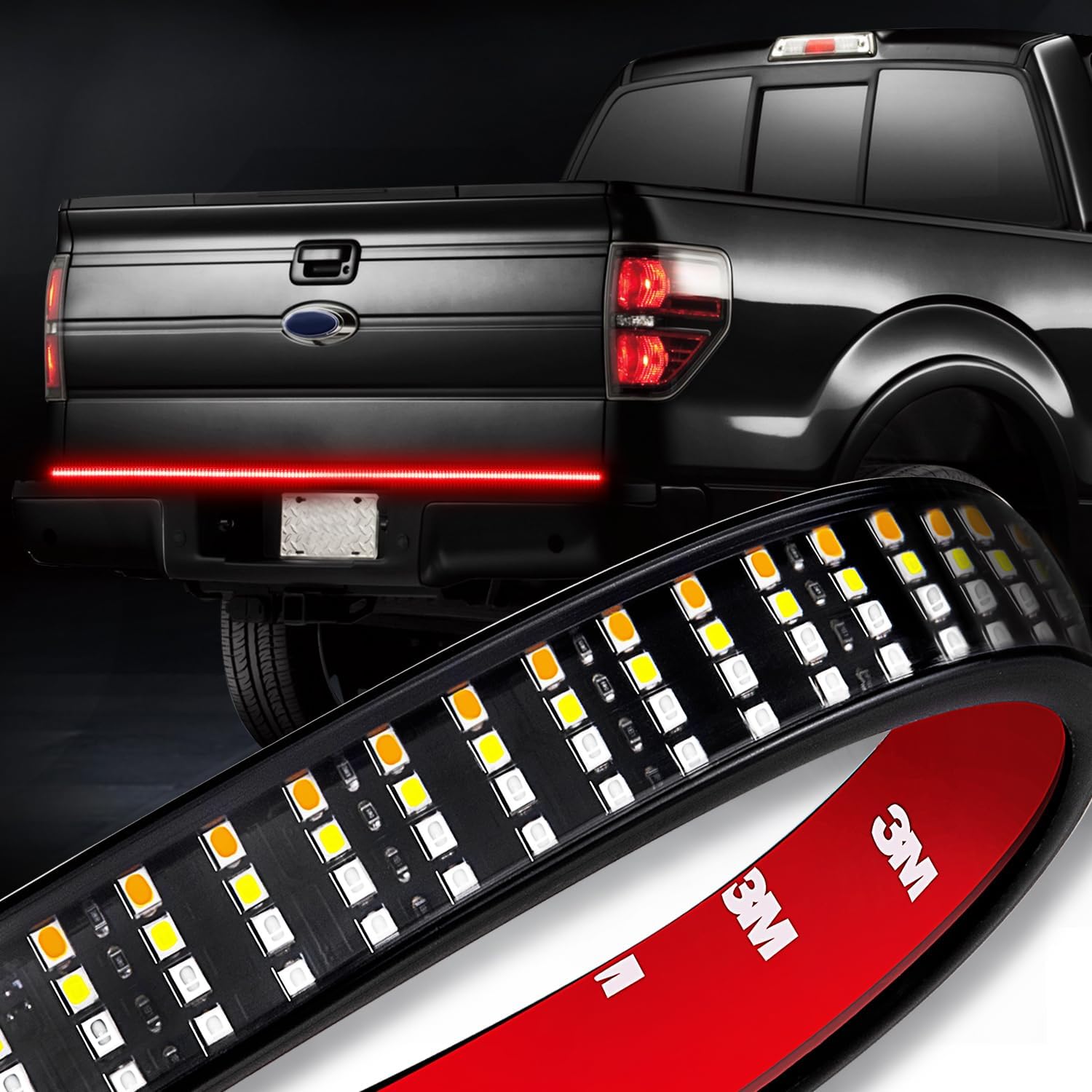 LED Tailgate Light Bar, Niking Auto 60 Inch Quad Row Truck Bed Light Strip Waterproof 5 Function Red Brake, White Backup Reverse, Amber Turn Signal Strobe Light for Pickup SUV Van Dodge Ram Chevy