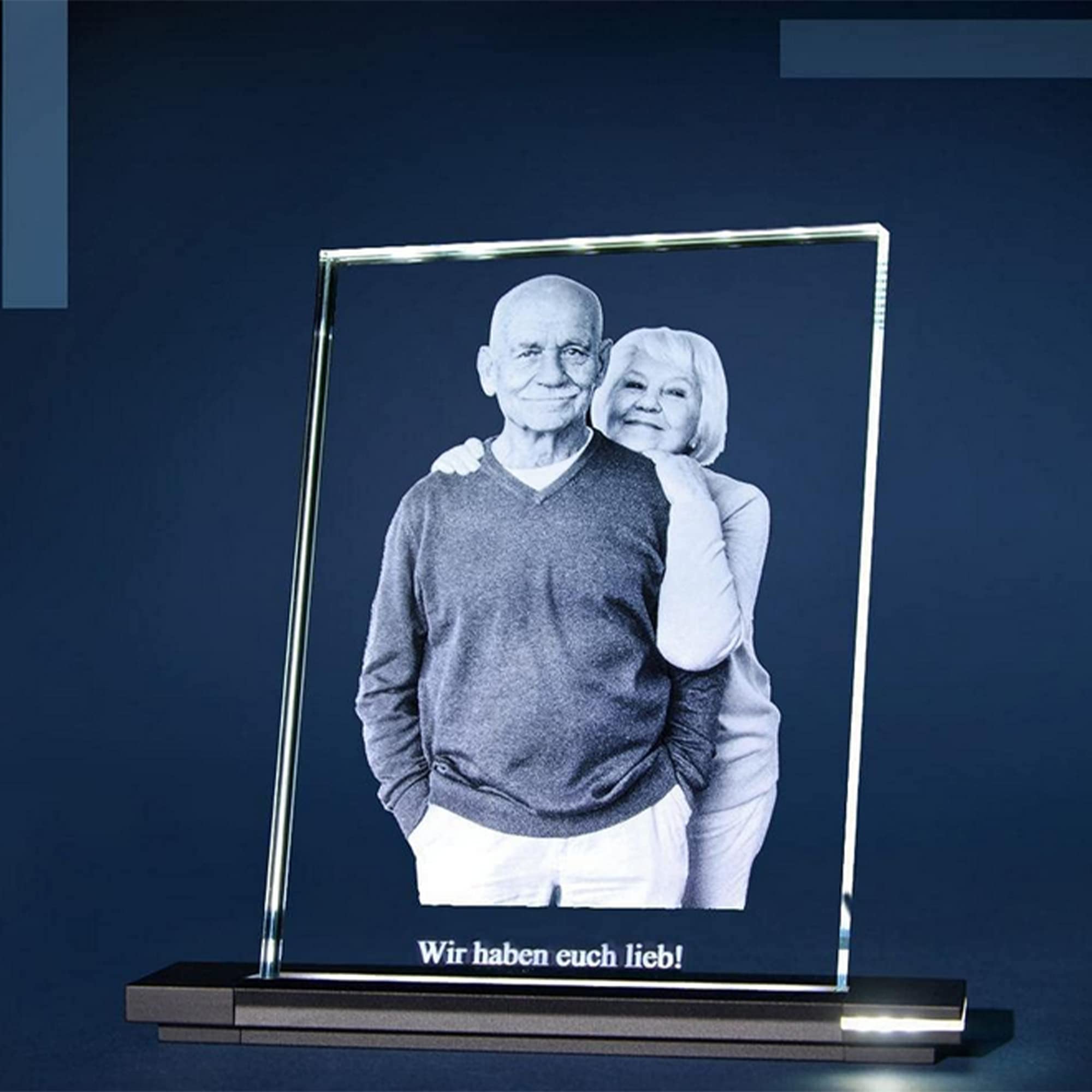LOOXIS Foto personalizzata in vetro piano con incisione a scelta - 180 x 130 x 8 mm, inclusa base illuminata - idea regalo uomo, donna, anniversario di matrimonio, compleanno - L formato verticale