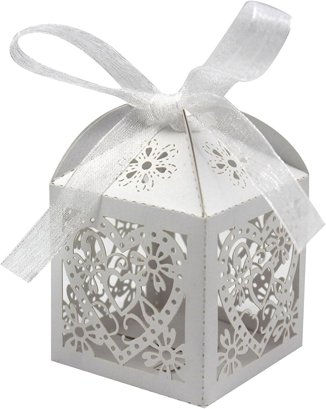 KPOSIYA 100 Pack Love Heart Laser Cut Wedding Party Favor Box Candy Bag Chocolate Gift Boxes Bridal Birthday Shower Bomboniere with Ribbons