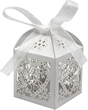 KPOSIYA 100 Pack Love Heart Laser Cut Wedding Party Favor Box Candy Bag Chocolate Gift Boxes Bridal Birthday Shower Bomboniere with Ribbons