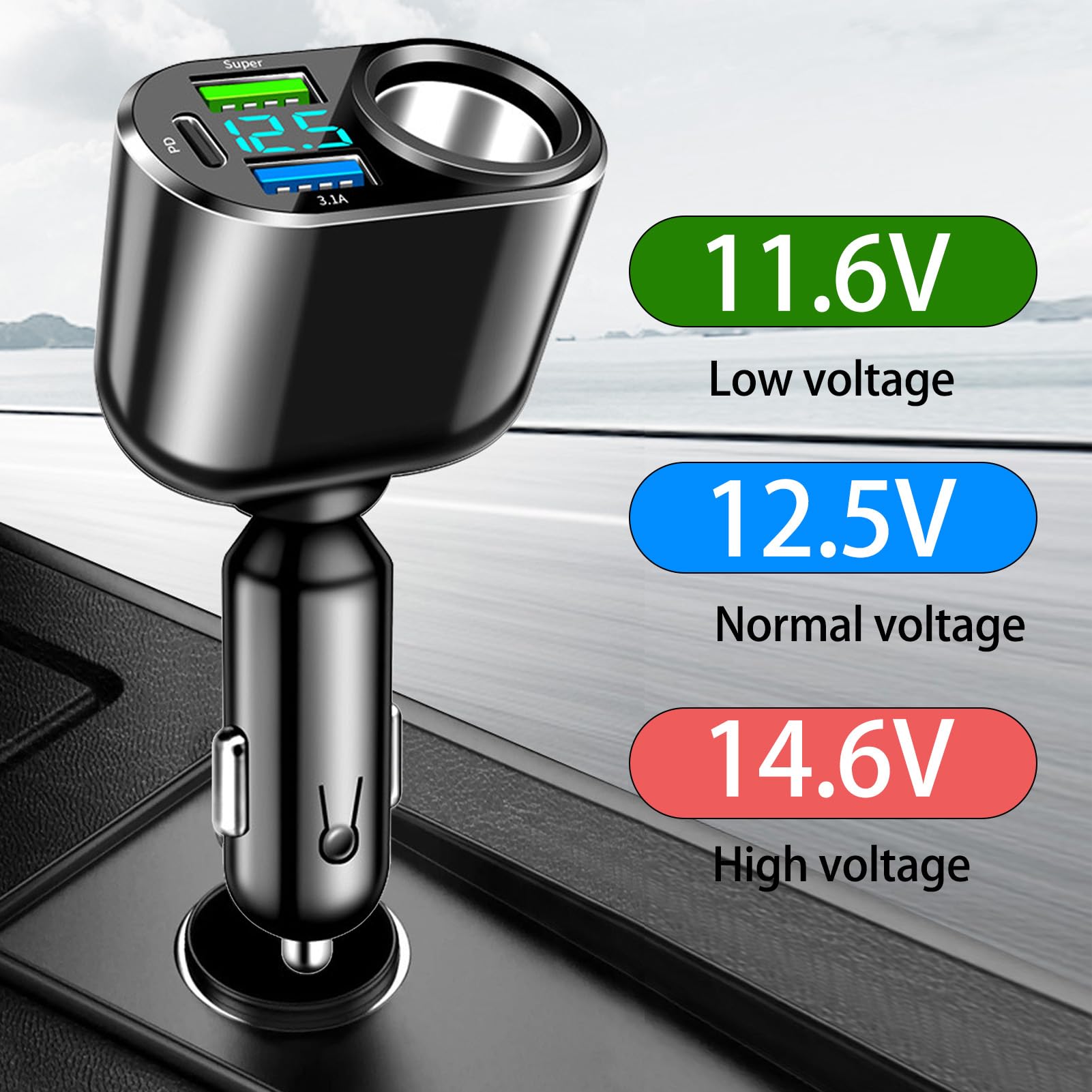 Ładowarka samochodowa 111W USB C, adapter do zapalniczki samochodowej z typem C, szybkie ładowanie 90 W, 66 W Super QC3.0, ładowarka PD 30 W i wbudowany woltomierz LED do samochodów, ciężarówek