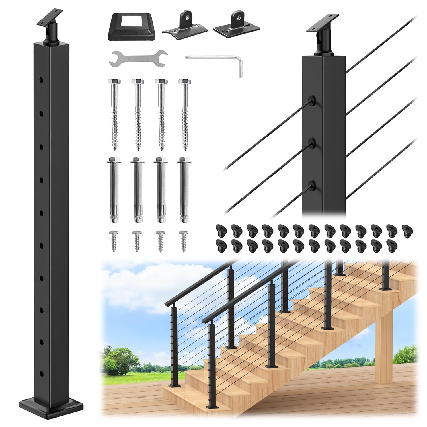CKE 36" Stair Cable Railing Post (Post 35"x2"x2"), Adjustable Top Stair Post for 25-35 Degrees Stair, T304 Stainless Steel Black Finish Cable Railing Post with Cable Grommets for Indoor Outdoor, SP01