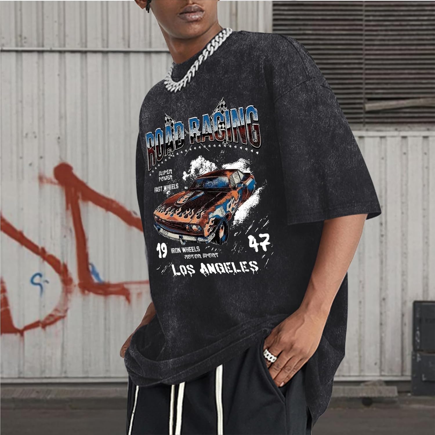 Mens Graphic T-Shirts Oversized Acid Wash Tshirt Vintage Streetwear Shirt Cool Road Racing Printed Tee Los Angeles Top - Image 4
