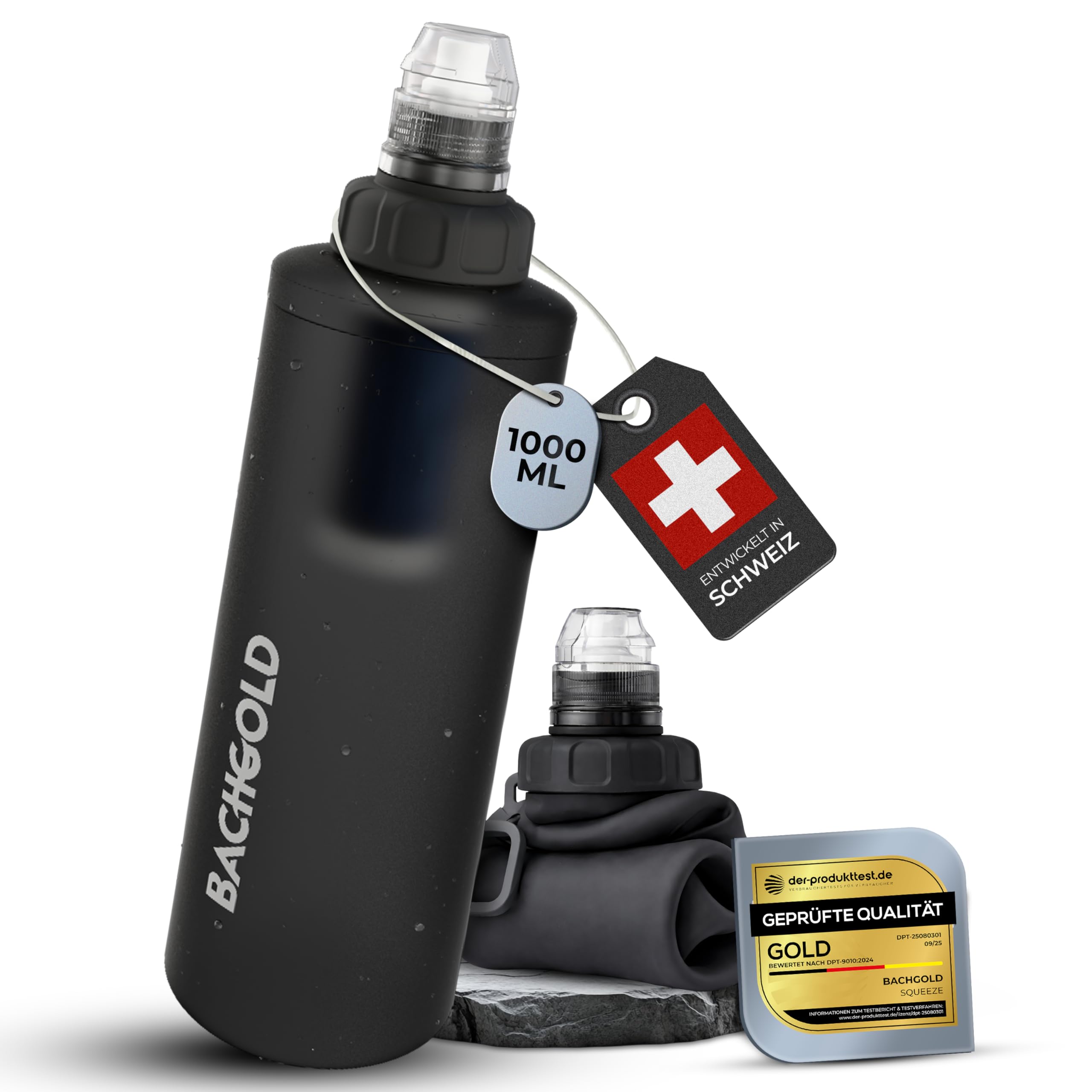 Bachgold® Squeeze Wasserfilter Outdoor – Ultraleichter Trinkwasserfilter mit Virus-Filtration für Camping, Survival, Notfall, Bushcraft | Filtert Viren, Bakterien & Mikroplastik (Grau, 1000ml)