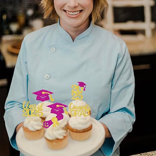 Miniatura 152 de Paquete de 24 adornos dorados para cupcakes de graduación 2025 con purpurina So Proud of You Done Diploma Graduation Cap Cupcake Picks Class of 2025