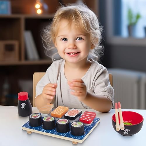 Miniatura 6 de Juego de comida para cortar sushi, juego de cocina de madera para niños de 3 años, juguete de aprendizaje para niñas y niños