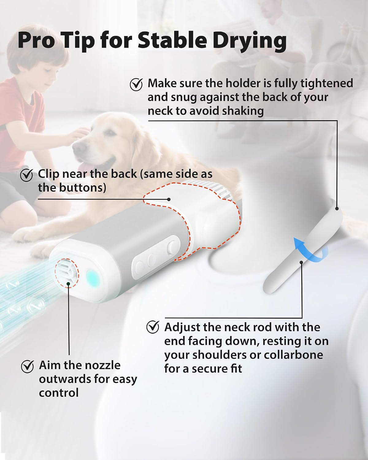 2-in-1 Hands-Free Dog Hair Dryer with Table Clamp – Low Noise Pet Grooming Dryer for Dogs & Cats, Adjustable Heat & Speed, Wearable or Desktop Use(Gray)
