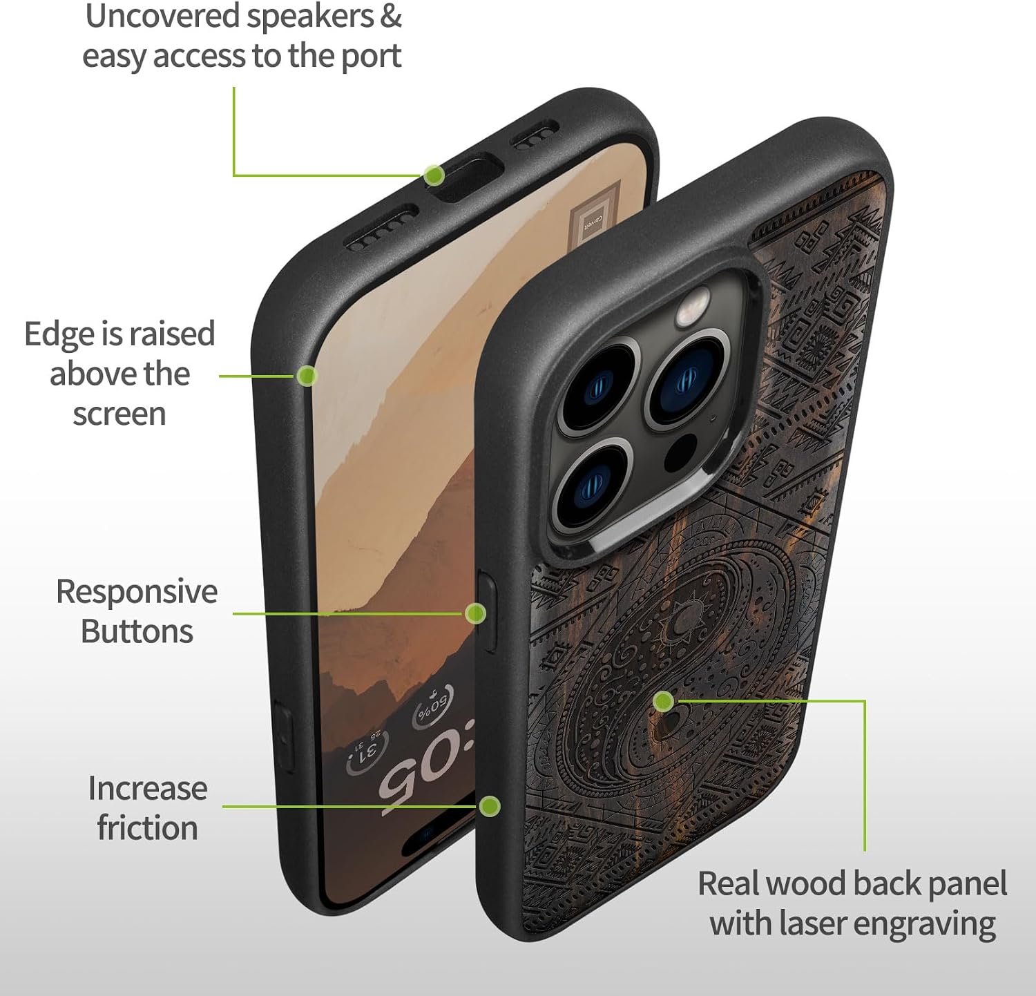 Carveit Magnetic Wooden Case for iPhone 15 Pro Case, Compatible with MagSafe Wireless Chargers, Black Soft TPU Shockproof Cover & Wood Artisan Engraved (Yin Yang Sun and Moon) - Blackwood