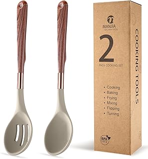 MANJIA Silicone Spoons Set, Nonstick Silicone Slotted Spoon & Solid Spoon Set, Serving Spoons kitchen Spatula for Cooking Fish, Eggs,Flipper, Cooking Utensils Set 2pcs (khaki-spoons)