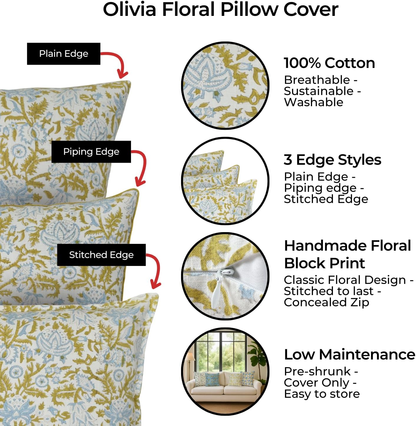 Olivia Floral Pillow Cover 26x26 – Large Handmade Cotton Block Print Cushion with Green Piping – Botanical Floral Decorative Pillowcase for Living Room, Couch, Sofa, or Reading Nook 1pc