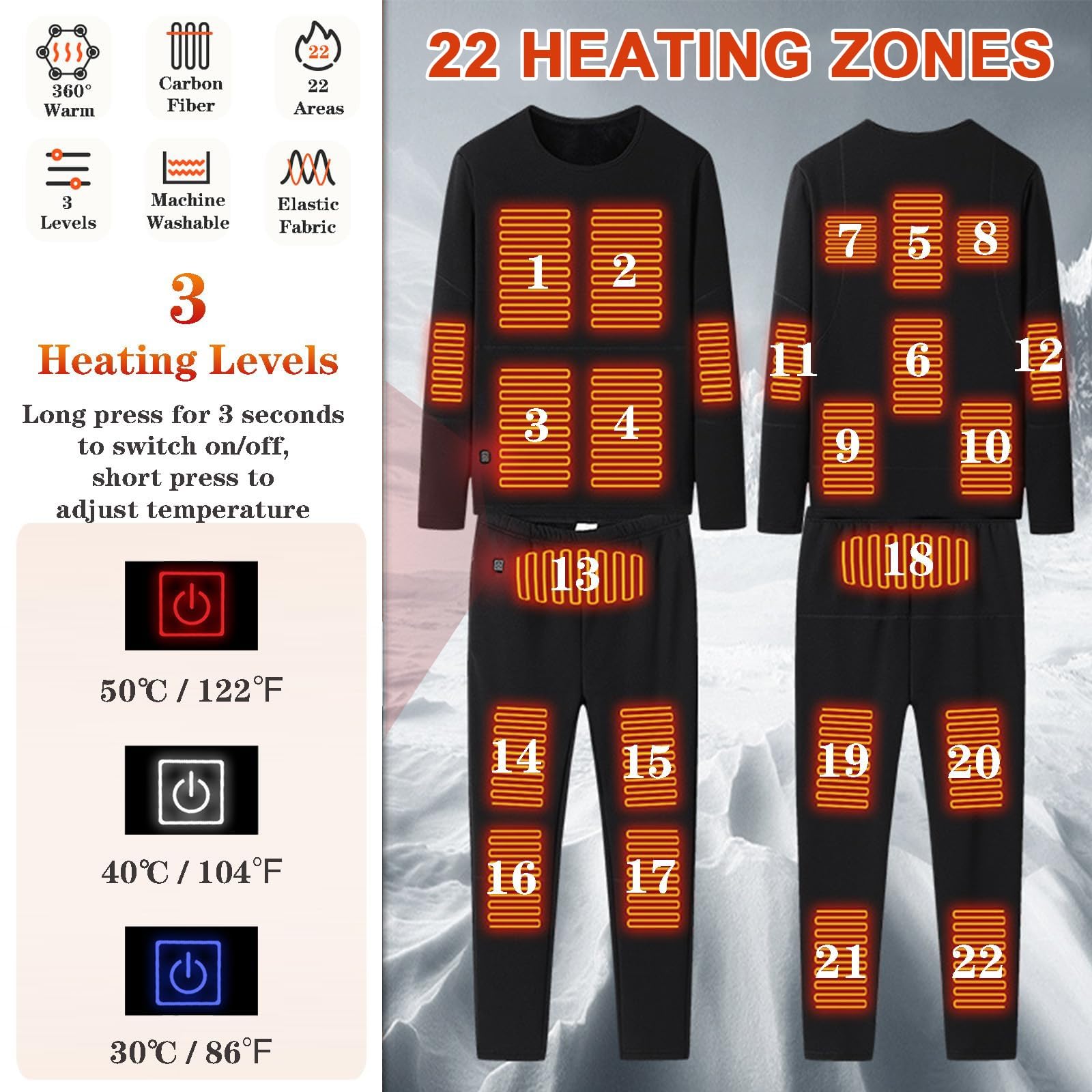 Conjunto De Ropa Interior Térmica Calefactable Para Hombre, Con 22 Zonas De Calefacción Inteligentes Y Elásticos, Compatible Con USB, Para Caza, Pasear Al Perro Y Palear(Negro,4XL)