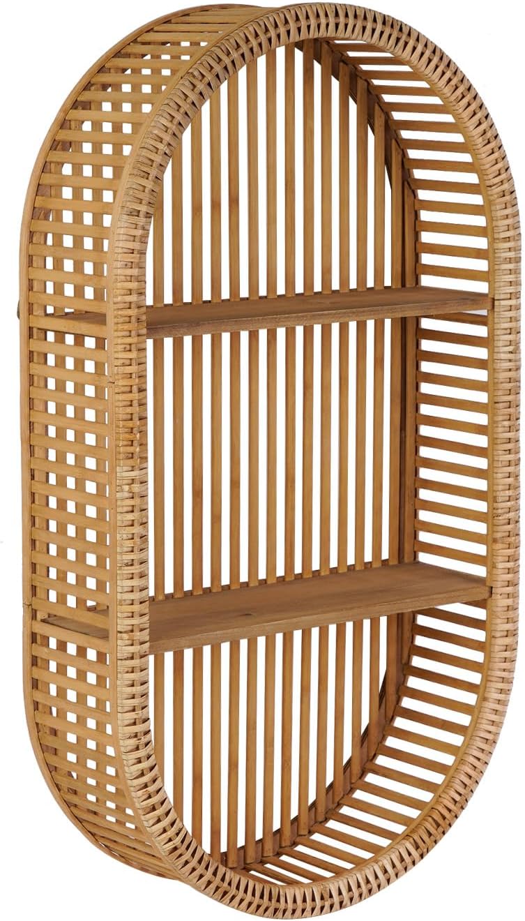 Rattan Wall Shelf - 3 Tier Boho Oval Floating Shelf Handcraft Hanging Shelves for Bathroom Living Room Wall Decor, 16.14" x 28.54"