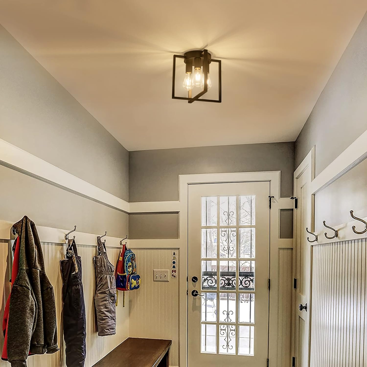 3-Light Flush Mount Ceiling Black Metal Frame Ceiling Light Farmhouse Light Fixture for Kitchen Island Entryway Porch Foyer Dining Room, E26 Ceramic Base