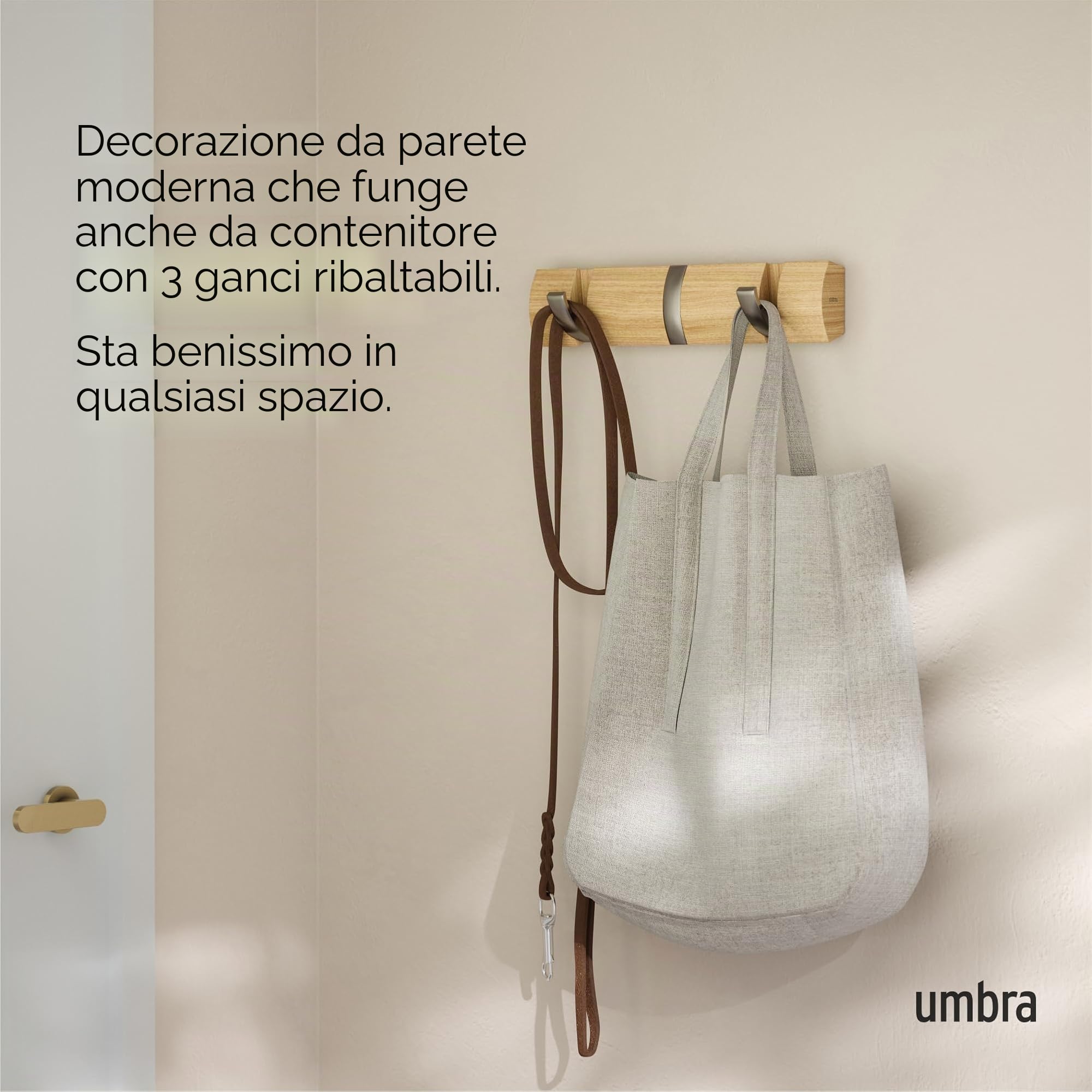 Umbra Appendiabiti da Parete a 3 Ganci, Moderno, Elegante, salvaspazio, con 3 Ganci retrattili per Appendere Cappotti, Sciarpe, Borse e Altro, Naturale