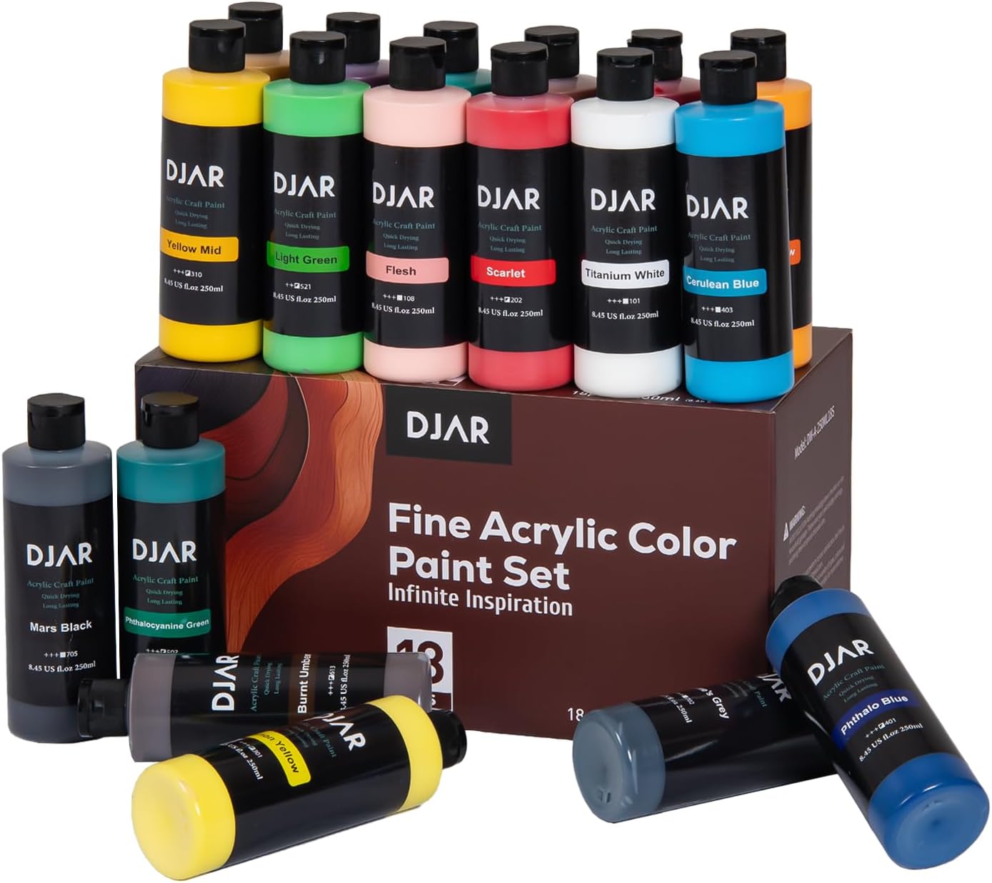 DJAR Acrylic Paint, 18 Colors Acrylic Paint Set, 2 fl oz/250ml Bottles, Waterproof, Rich Pigments Colors Painting Supplies for Artists, Beginners on Canvas Rocks Wood Ceramic Fabric