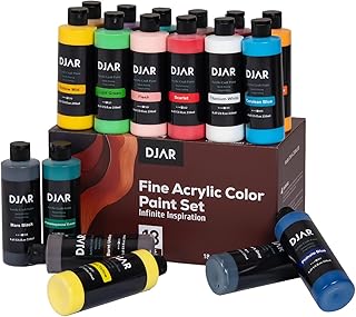 DJAR Acrylic Paint, 18 Colors Acrylic Paint Set, 2 fl oz/250ml Bottles, Waterproof, Rich Pigments Colors Painting Supplies for Artists, Beginners on Canvas Rocks Wood Ceramic Fabric