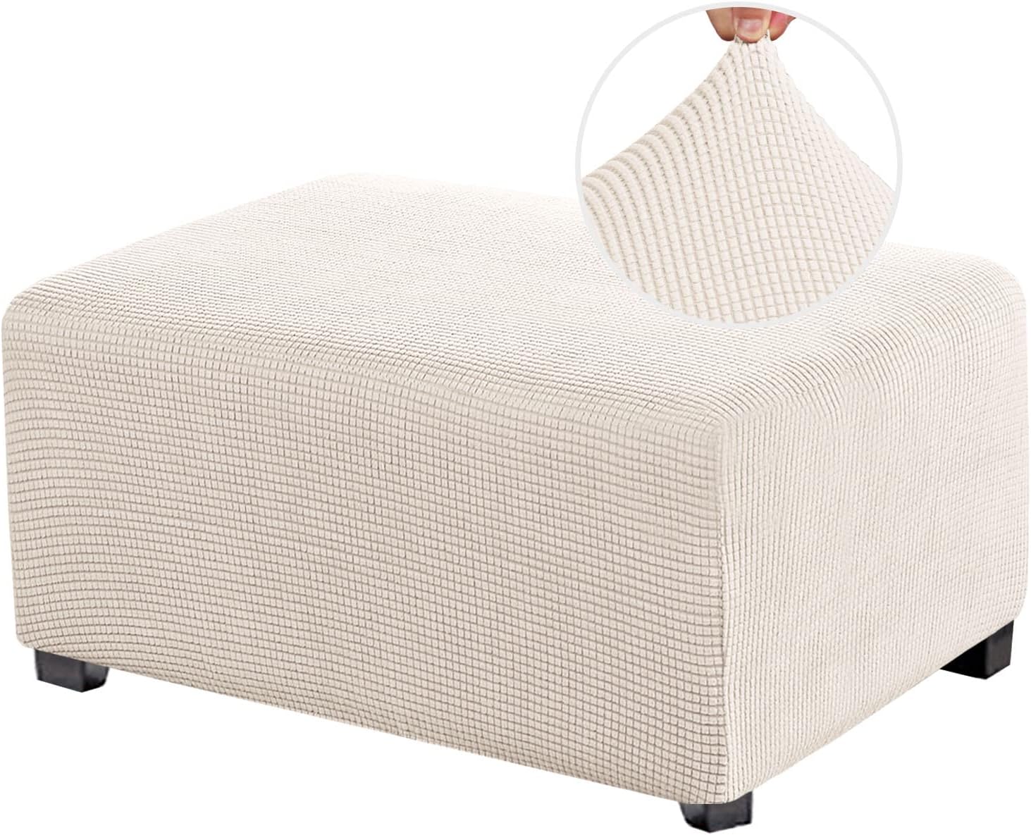 PrinceDeco Stretch Ottoman Cover Slipcovers Rectangle for Living Room Foot Stool Stretch Covers to Fit Ottoman Foot Rest, Thick Checked Jacquard Fabric with Elastic Bottom (Large Size, Ivory) Large Ivory