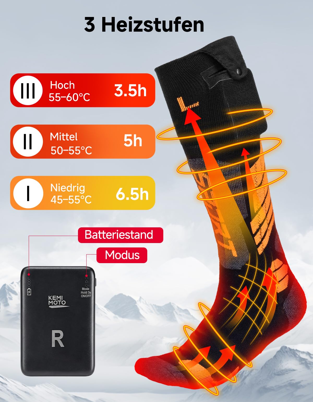 KEMIMOTO Beheizte Socken für Herren Damen, Heizsocken mit Vollfuß- und Zehenheizung, App-Steuerung Thermosocken Waschbar, Warme Beheizte Socken aus Schafwolle für Radfahren, Skifahren, Angel, Jagd
