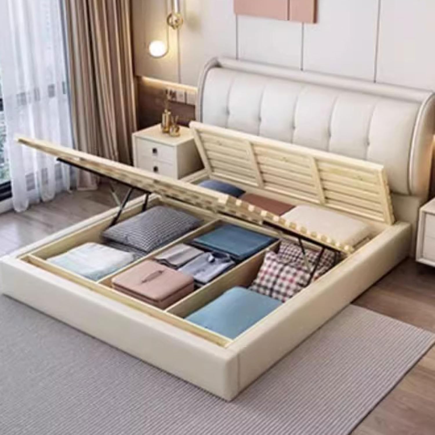 White Modern Queen Size Platform Bed Ergonomic Upholstered Headboard Wooden Slats Support with Headboard Noise-Free