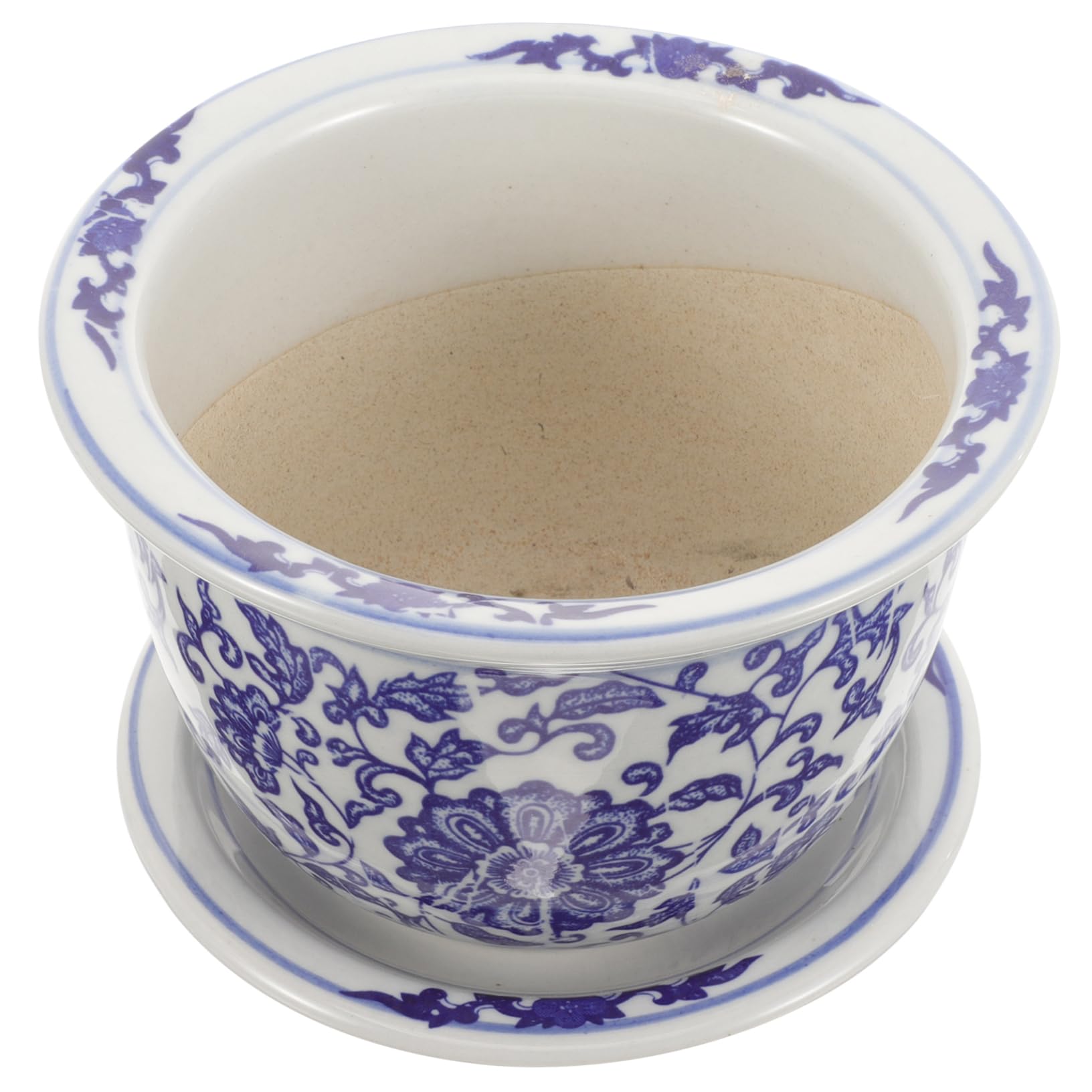 Vaso per Piante in Ceramica con Piattino, Vaso Decorativo Stile Cinese Blu e Bianco, per Balcone e Camera da Letto, Set per Fiori ed Erbe