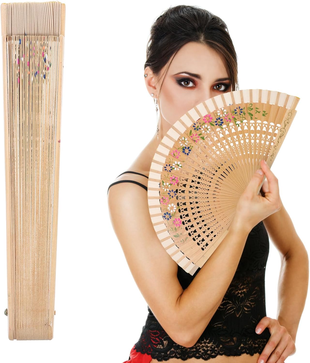 LOGOFUN Vintage Wooden Hand Fan Spanish Style Handheld Fan Floral Design Folding Wood Fan for Wedding Birthday Cosplay Party Favor