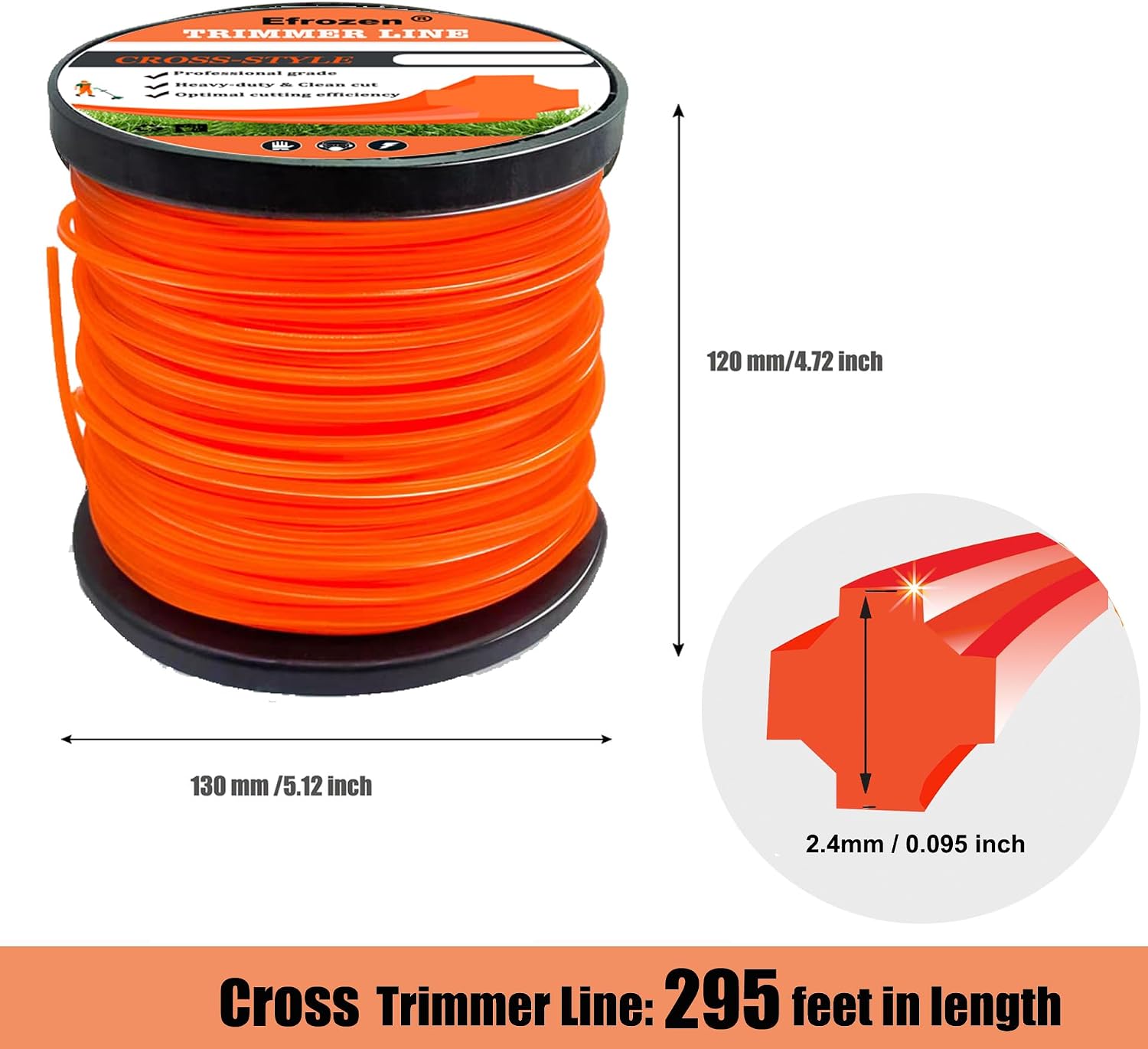 Weed Eater String,0.095" Cross Heavy Duty String Trimmer Line 295ft in Spool,Premium Nylon Universal Replacement Professional Weed Wacker String, Orange