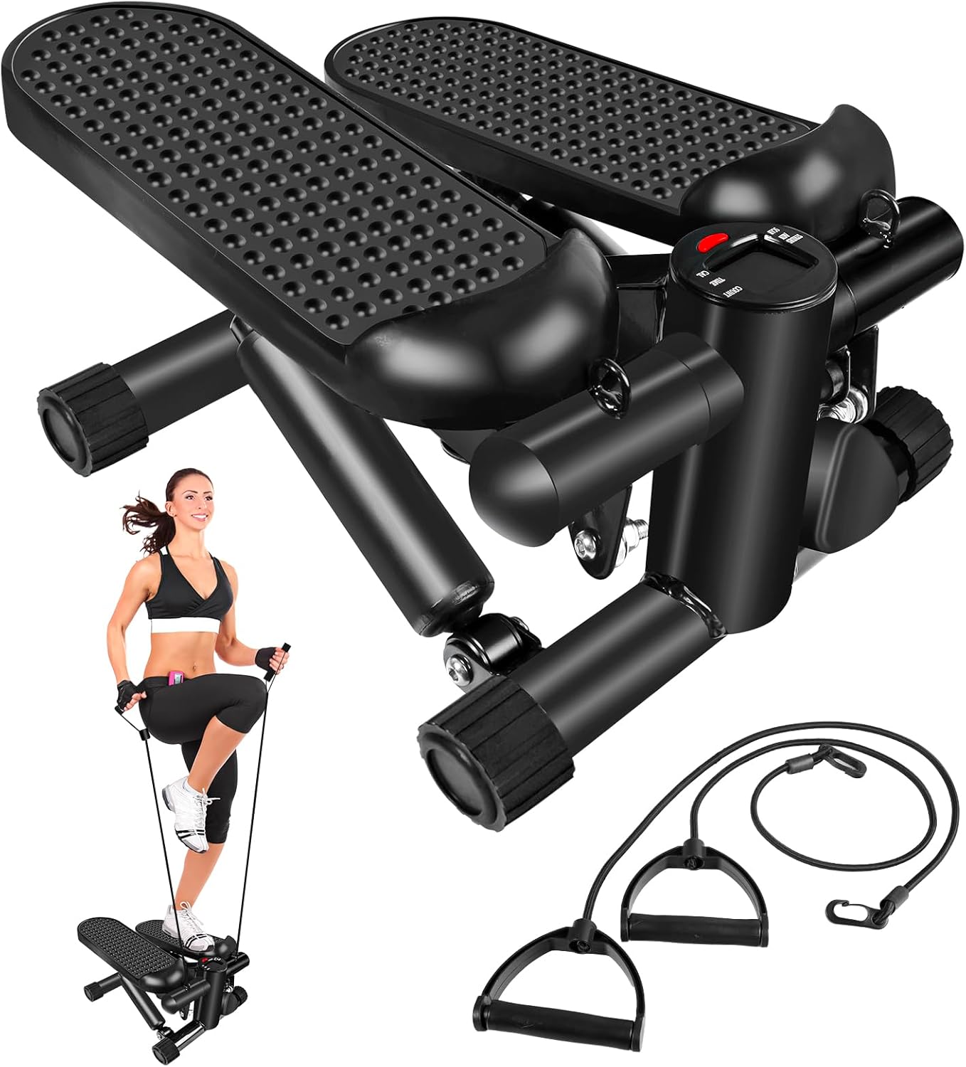 Steppers for Exercise, Stair Stepper with Resistance Bands, Mini Stepper with 300LBS Loading Capacity, Hydraulic Fitness Stepper with LCD Monitor