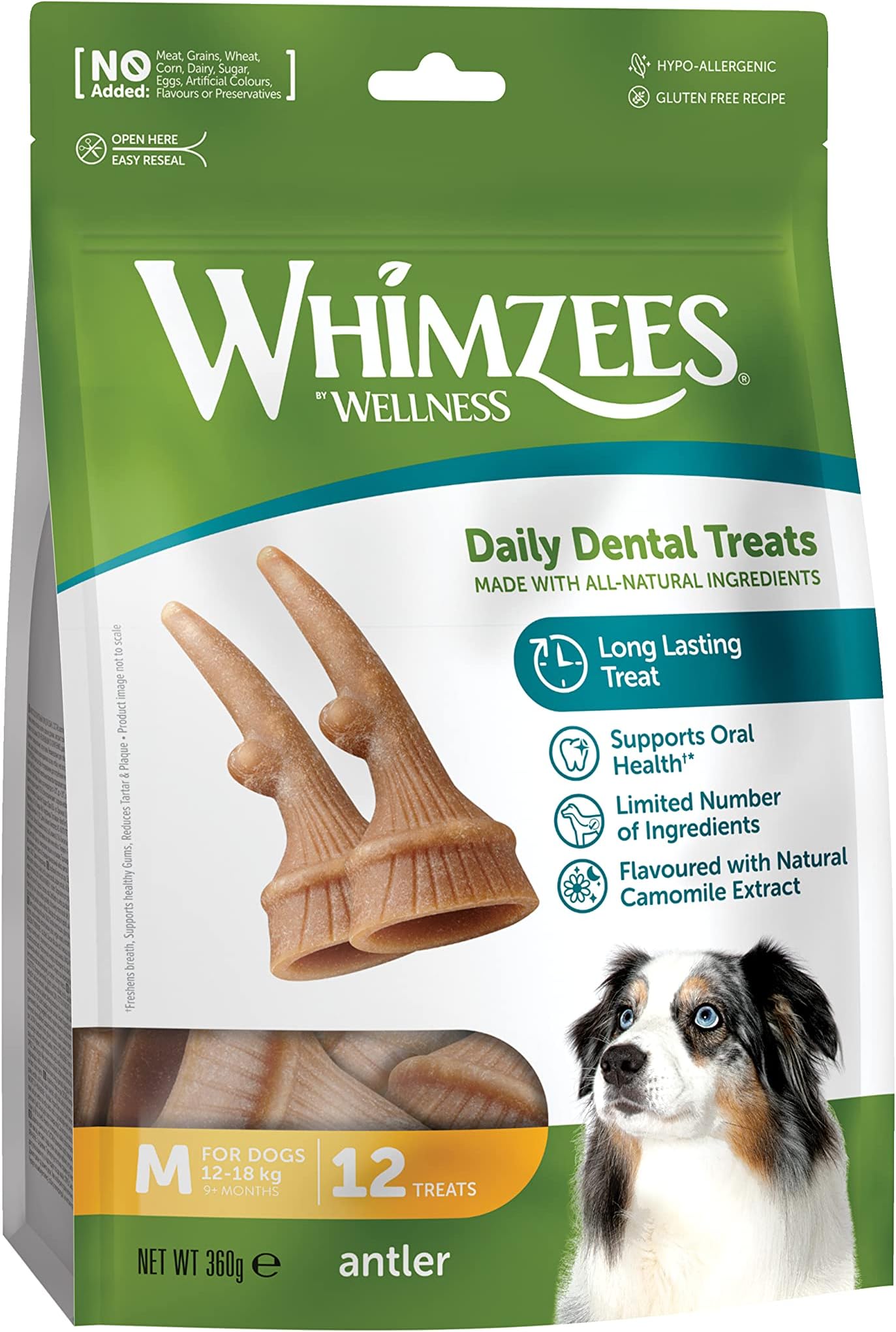 Whimzees Antler Natural Daily Dental Chews Treats for Medium Dogs 12-Pieces