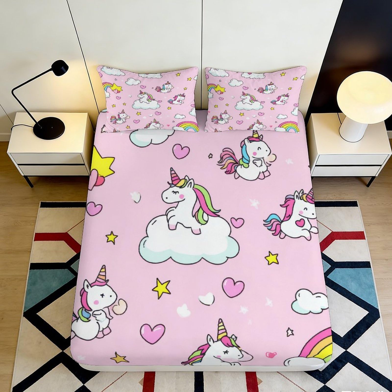 Pnayamiorkfel Style-7 3D Printed Unicorn Cartoon Fitted Sheet Microfiber Pink Rainbow Bed Cover Slip-Resistant Machine Washable For Bedroom Decor 90X200x25cm