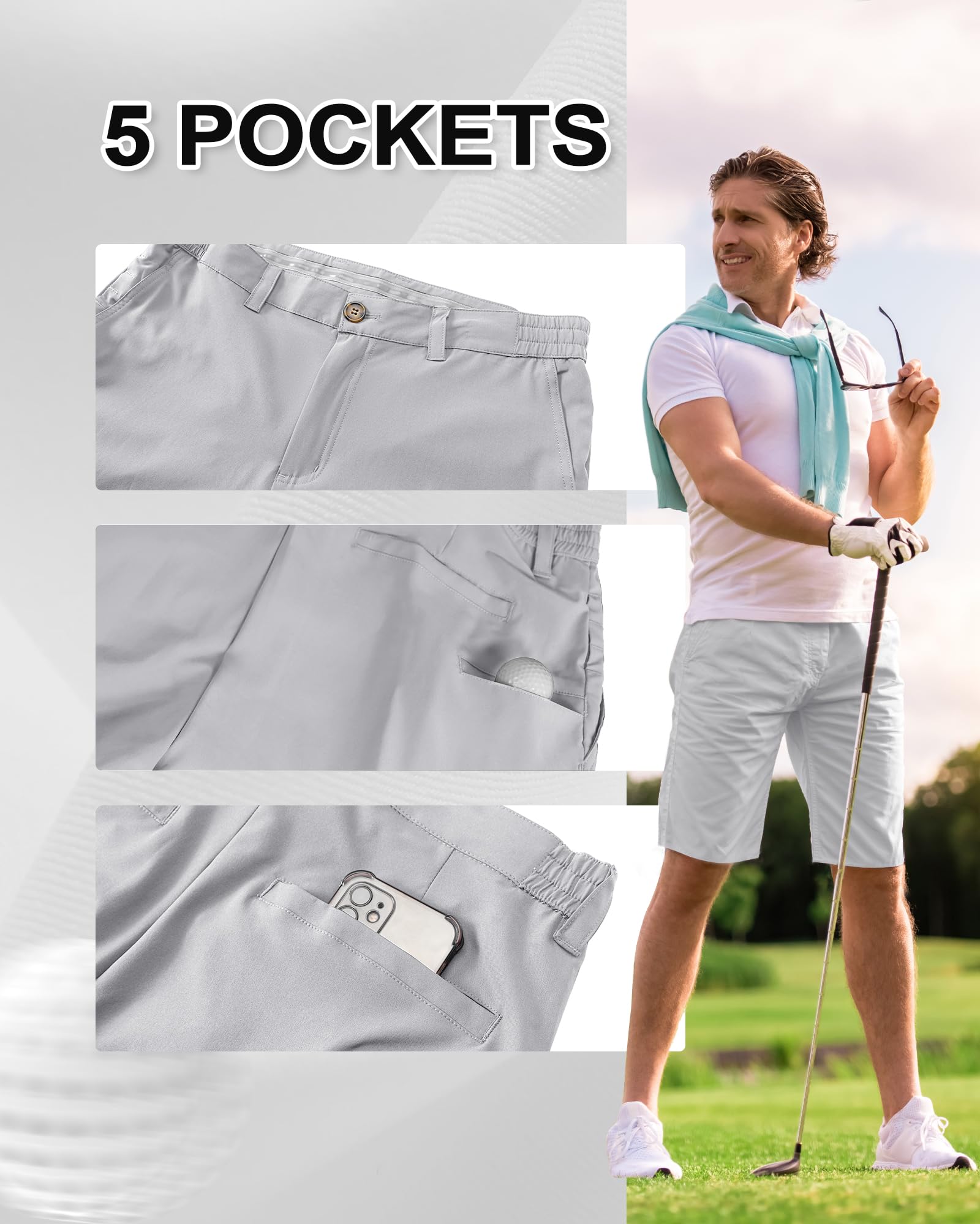 Outdoor Ventures Pantaloncini da golf da uomo, UPF 50+, elasticizzati, leggeri, ad asciugatura rapida, da 9 pollici, con 3 supporti per tè e tasche per il golf