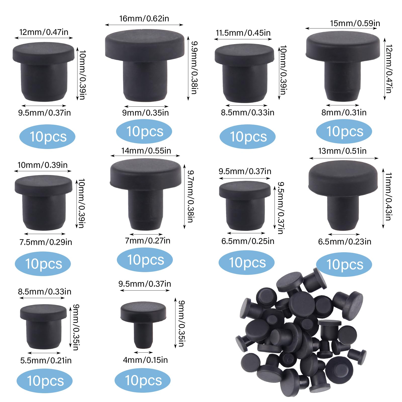 Set di 100 Tappi per Fori in Gomma Siliconica 10 Misure Tappi di Plastica Silicone Gomma Tappo T-Förmige Gummistopfen Silikon 1 Transparenter Box für Löcher Mit 4-9.5mm Innendurchmesser Flaschen Rohre