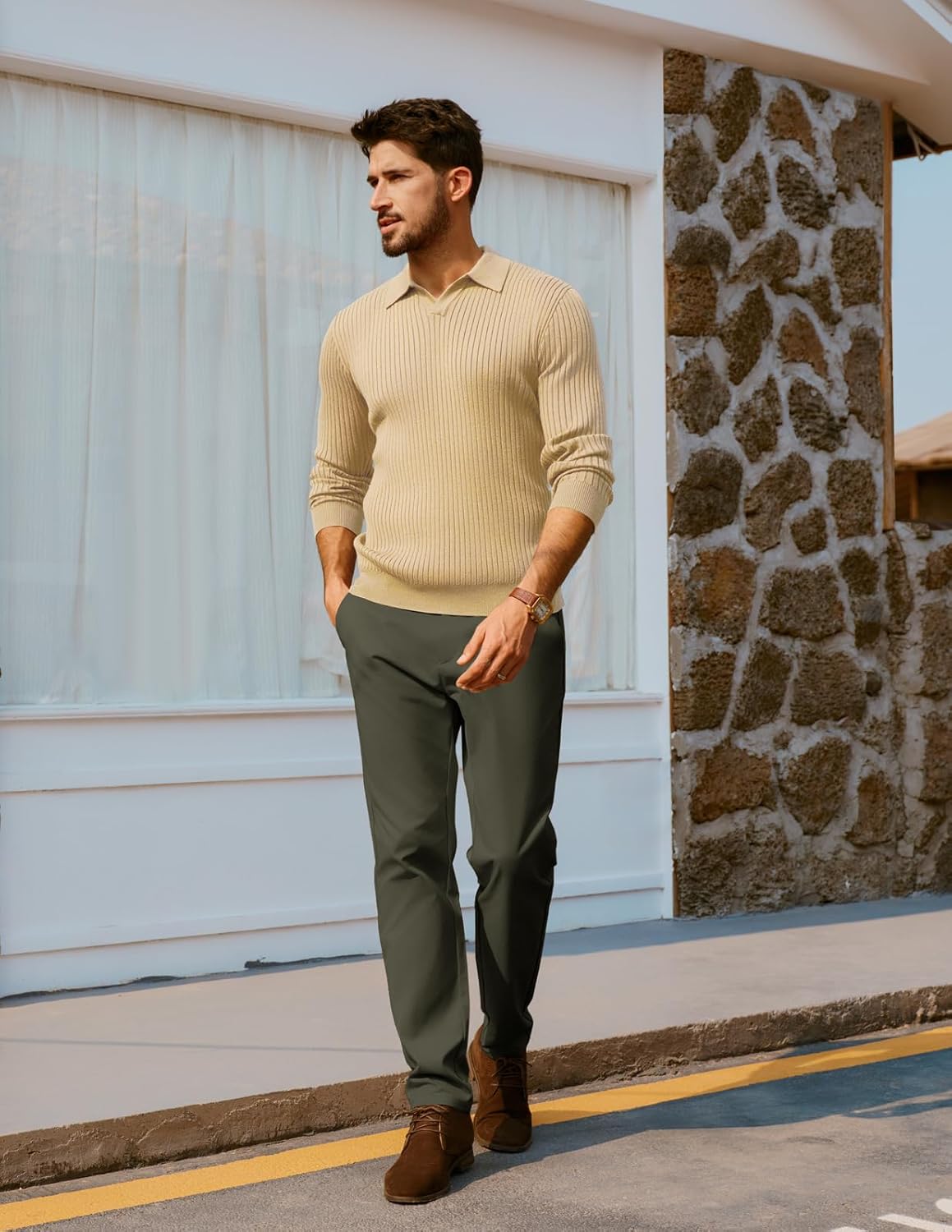 PJ PAUL JONES Men's Golf Pants Strech Waistband Regular Fit Casual Pants for Tennis Army Green S - Image 4