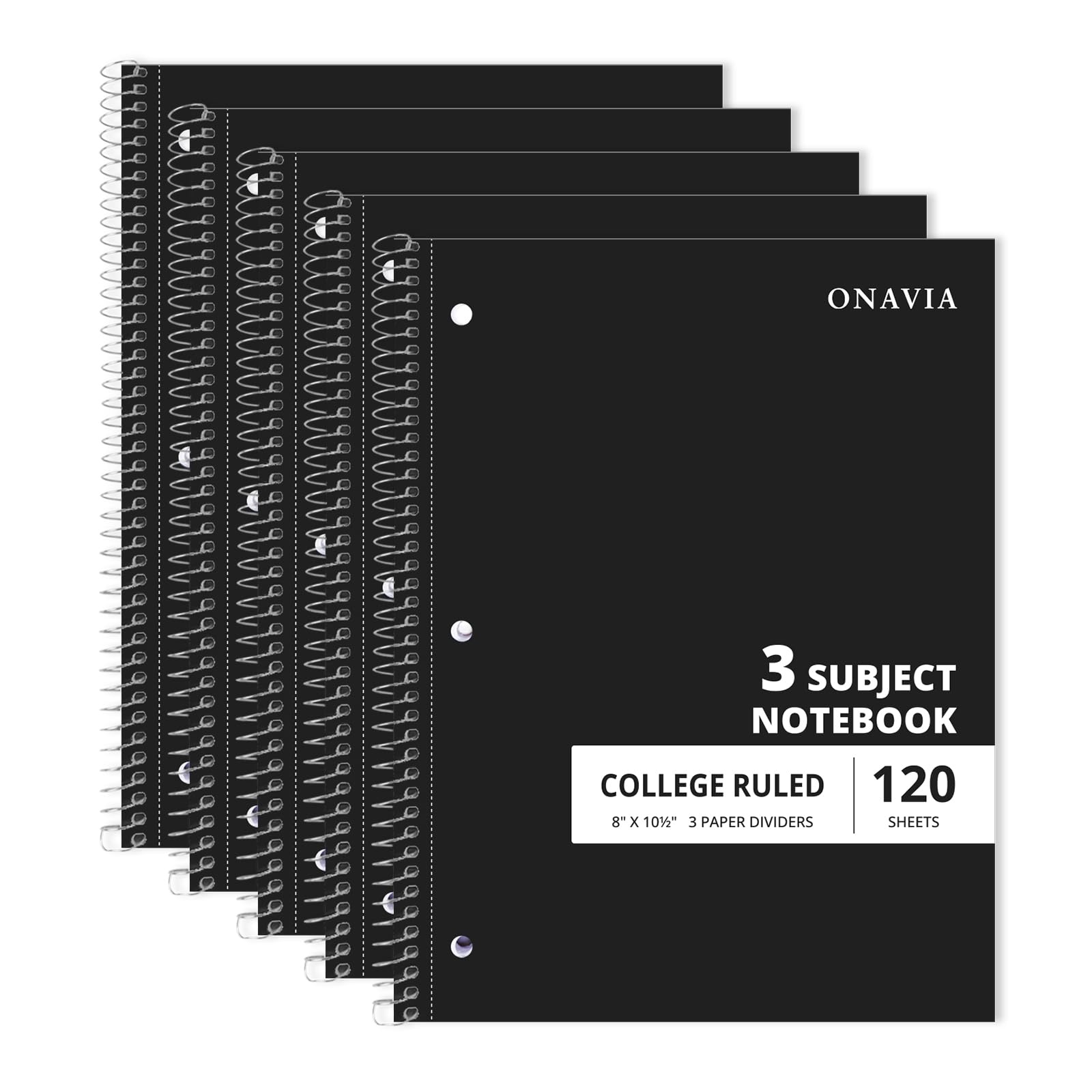 ONAVIA Quaderno a spirale per 3 soggetti, confezione da 5, a righe universitarie, 20,3 x 26,7 cm, 120 fogli, perforato a 3 fori, con divisori e tasche fronte-retro, per scuola, studio, compiti a casa