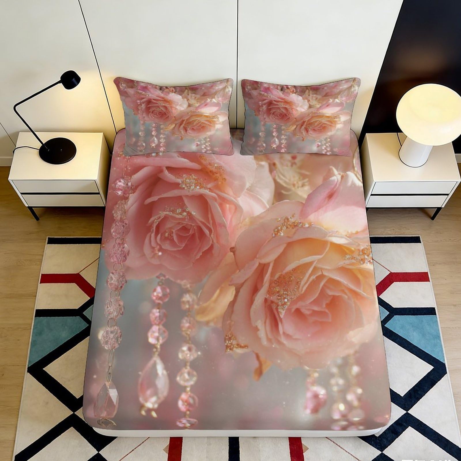 Pnayamiorkfel Style-5 3D Printed Pink Rose Fitted Sheet Microfiber Floral Bedroom Decor Crystal Beads Mattress Cover For Home Guestroom 90X200x25cm